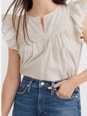 Madewell Cream Ruffle Sleeve Bib Top Metallic Colorful stripe Button Up Blouse